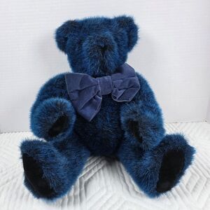 Vintage Vermont Teddy Bear Plush Navy Blue Teddy Bear Velvet Bow Articulated